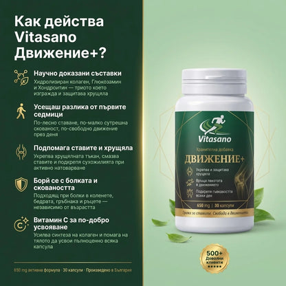 Vitasano- Движение + | Формула за ставите и хрущяла — 4-в-1 комплекс за хора, които искат да се движат без болка